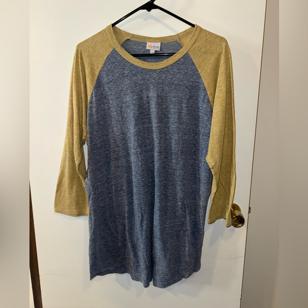 LuLaRoe Women’s Randy Shirt Top Yellow Mustard Sleeves Blue Center Size XL